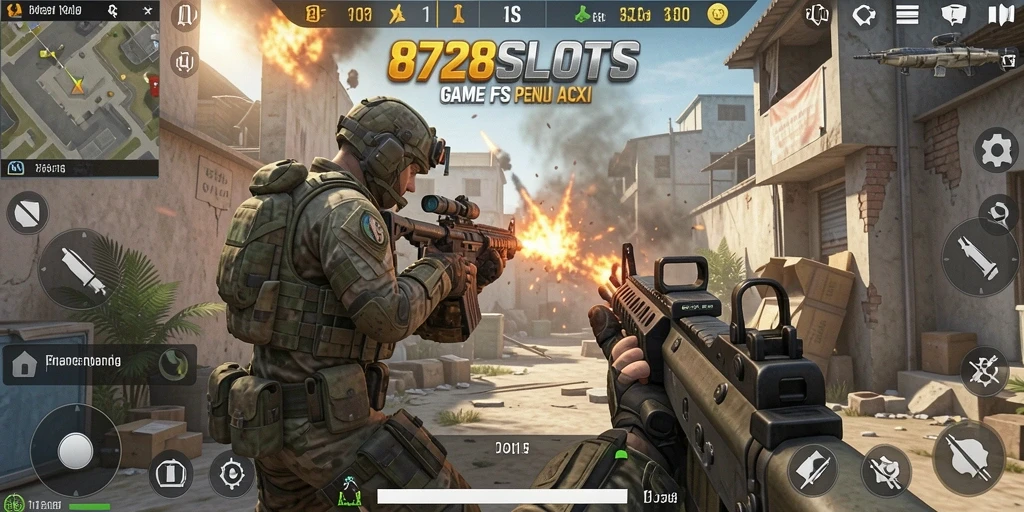 Screenshot gameplay 8728SLOTS menunjukkan aksi menegangkan di medan perang.