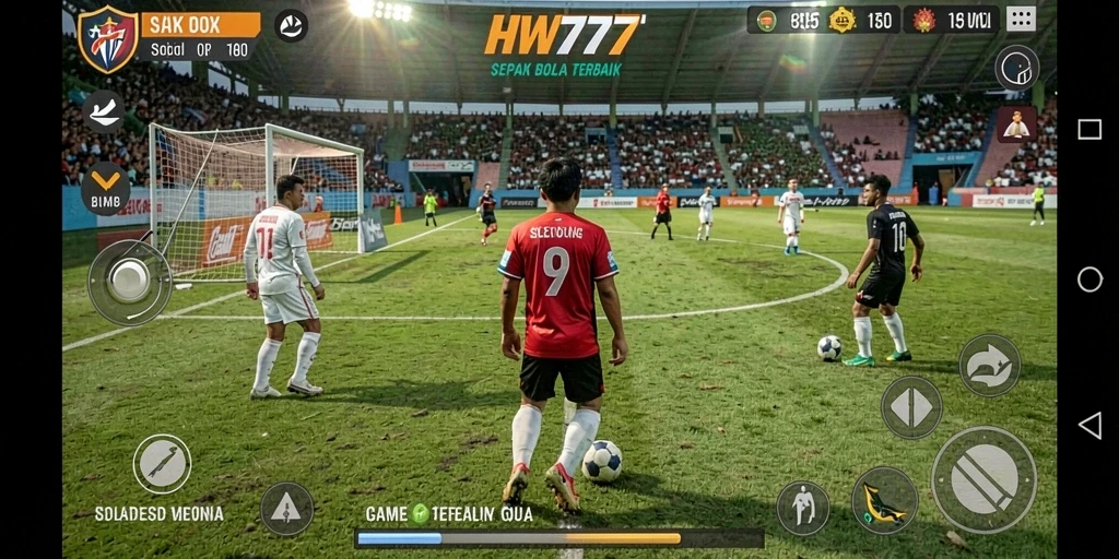 Tampilan gameplay HW777 saat pertandingan sepak bola berlangsung.