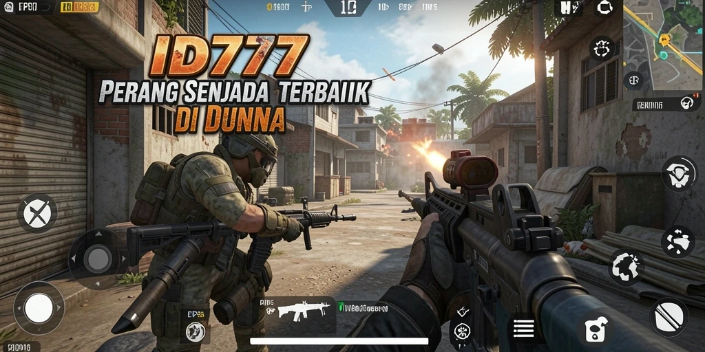 Tampilan gameplay ID777 yang intens dan penuh aksi di medan perang FPS.