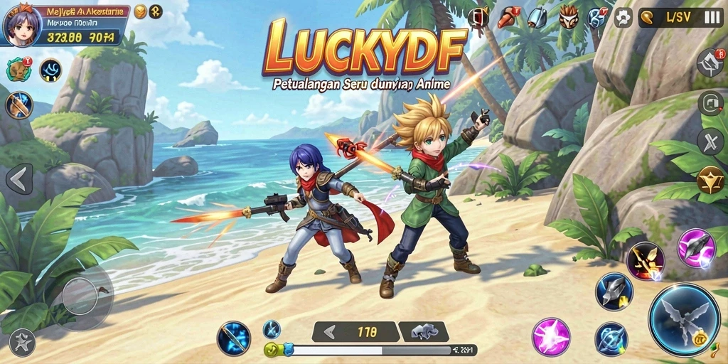 Screenshot gameplay LUCKYDF menampilkan karakter anime yang beraksi.