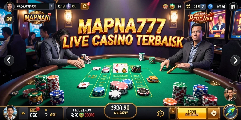 Screenshot utama MAPNA777 menunjukkan dealer Live Casino yang ramah dan permainan yang mendebarkan.