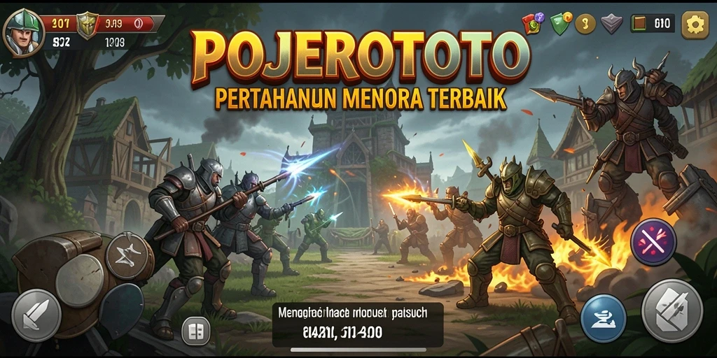 Screenshot gameplay POJEROTOTO menampilkan pertempuran seru dengan menara pertahanan yang kokoh.