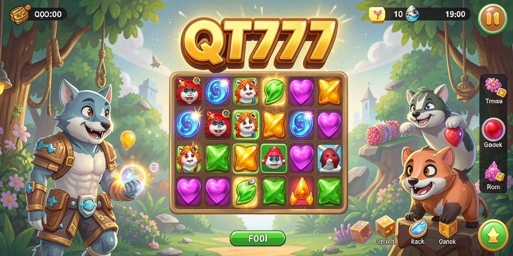 Tampilan gameplay QT777 yang menarik dengan objek berwarna-warni.