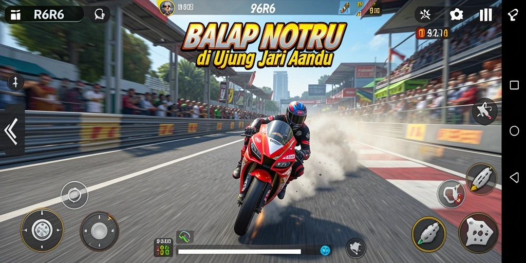 Screenshot gameplay R6R6 dengan aksi balap motor yang seru.