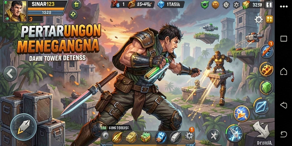 Screenshot gameplay SINAR123 dengan tampilan strategi Tower Defense yang seru.