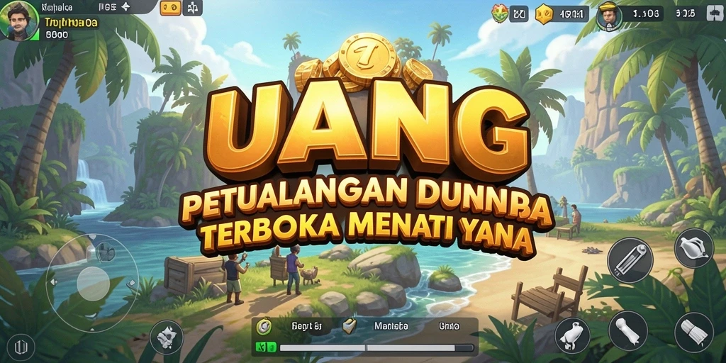 Screenshot UANG menunjukkan petualangan epik di dunia terbuka.