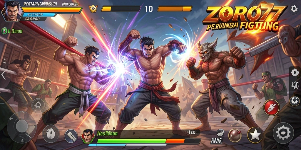 Screenshot gameplay ZORO77 menampilkan aksi pertarungan yang seru dan penuh warna.